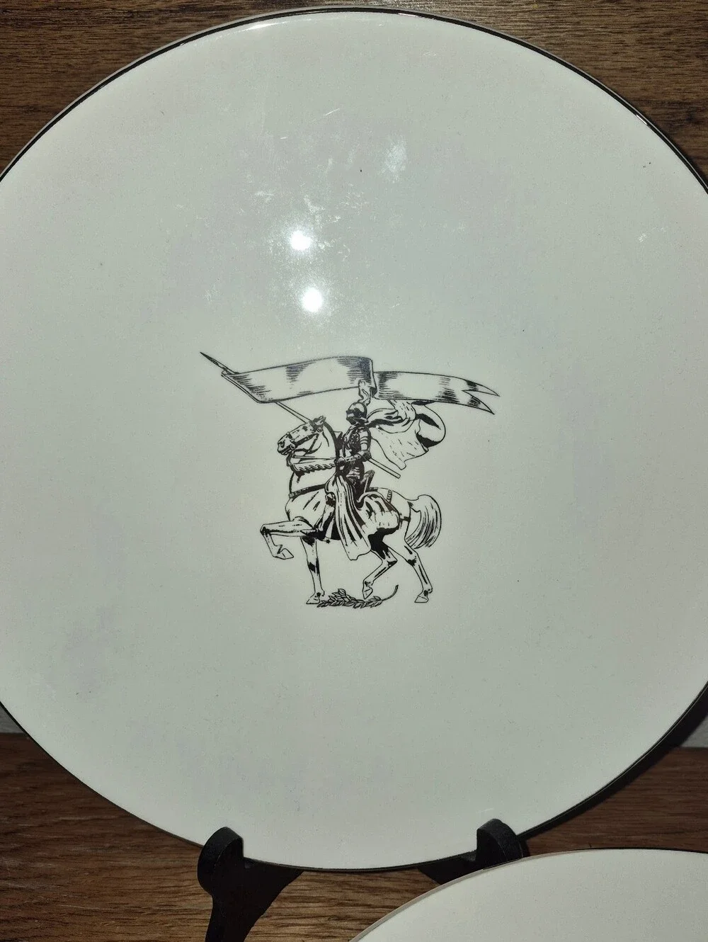 Set Of 6 Plates W/ A Medieval Knight on a horse carrying a Banner or Flag.